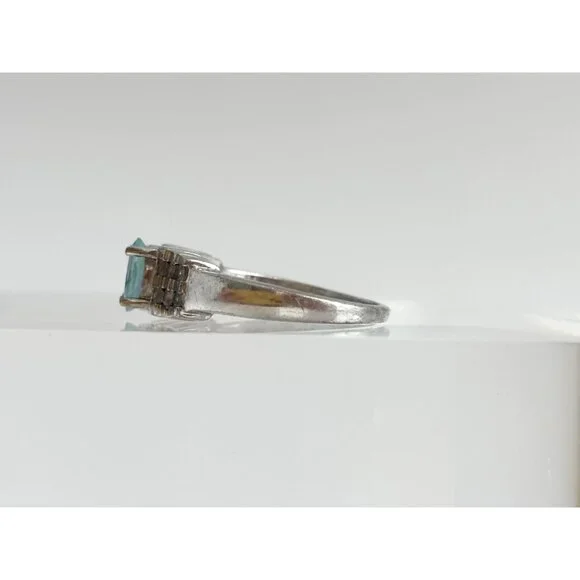 Natural Aquamarine Geoemtric 925 Sterling Silver Vintage Ring - sz 7.25 - Picture 7 of 16